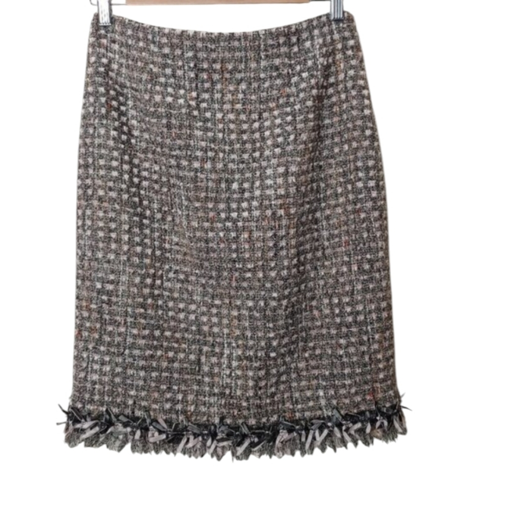 Rickie‎ Freeman Teri Jon Skirt Tweed Boucle Fringe Heritage Core Preppy